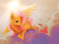 Size: 2224x1668 | Tagged: safe, artist:lususunnatural, imported from derpibooru, fluttershy, butterfly, pegasus, pony, cloud, cute, female, looking at something, lying down, lying on a cloud, mare, on a cloud, one wing out, prone, shyabetes, smiling, solo, sunlight, wings