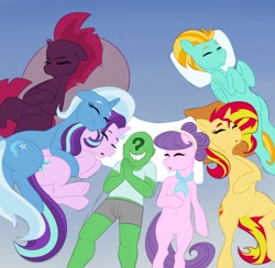 Size: 2000x1951 | Tagged: safe, artist:greenybeanz, imported from derpibooru, lightning dust, starlight glimmer, sunset shimmer, suri polomare, tempest shadow, trixie, oc, oc:anon, earth pony, human, pegasus, pony, unicorn, anon gets all the mares, bed, broken horn, female, gradient background, grin, horn, hug, lucky bastard, male, sleeping, smiling