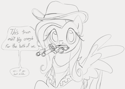 Size: 979x701 | Tagged: safe, artist:dotkwa, imported from derpibooru, fluttershy, pegasus, pony, cowboy hat, dialogue, female, gray background, grayscale, gun, handgun, hat, mare, monochrome, mouth hold, revolver, simple background, sketch, solo, speech bubble, spread wings, talking to viewer, wings