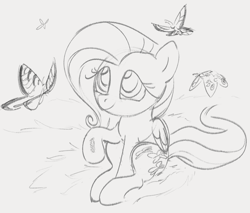 Size: 1213x1032 | Tagged: safe, artist:dotkwa, imported from derpibooru, fluttershy, butterfly, caterpillar, pegasus, pony, cute, female, gray background, grayscale, high angle, looking up, mare, monochrome, shyabetes, simple background, sitting, sketch, smiling, solo