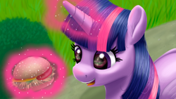 Size: 3840x2160 | Tagged: safe, artist:stellardust, imported from derpibooru, twilight sparkle, alicorn, pony, 4k, burger, ear fluff, eyes on the prize, female, food, glowing, glowing horn, hay burger, high res, horn, magic, magic aura, mare, open mouth, solo, telekinesis, that pony sure does love burgers, twilight burgkle, twilight sparkle (alicorn)