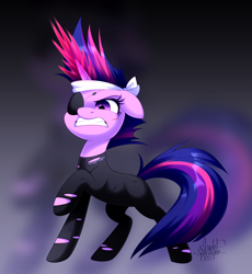 Size: 1080x1173 | Tagged: safe, artist:scarlet-spectrum, imported from derpibooru, twilight sparkle, pony, unicorn, it's about time, angry, catsuit, ears back, eyepatch, female, future twilight, gritted teeth, headband, scar, solid sparkle, solo, teeth