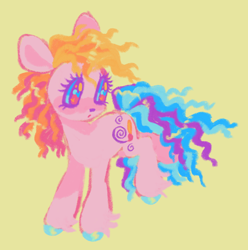 Size: 1280x1289 | Tagged: safe, artist:webkinzworldz, imported from derpibooru, toola roola, earth pony, pony, colored hooves, g3, multicolored mane, simple background, unshorn fetlocks, yellow background