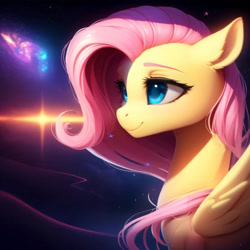 Size: 2560x2560 | Tagged: safe, imported from derpibooru, fluttershy, ai content, ai generated, ear fluff, eyebrows, eyelashes, female, galaxy, generator:purplesmart.ai, generator:stable diffusion, mare, prompter:nightluna, smiling, solo, space, stars