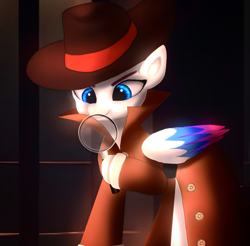 Size: 949x934 | Tagged: safe, artist:jaanhavi, imported from derpibooru, zipp storm, pegasus, pony, clothes, detective, detective zipp, fedora, female, g5, hat, solo, trenchcoat