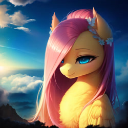 Size: 2560x2560 | Tagged: safe, editor:nightluna, imported from derpibooru, fluttershy, pony, ai content, ai generated, chest fluff, cloud, ear fluff, eyebrows, eyelashes, female, generator:purplesmart.ai, generator:stable diffusion, giant pony, macro, mare, prompter:nightluna, sky, smiling, solo