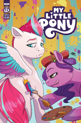 Size: 2063x3131 | Tagged: safe, artist:megan huang, idw, imported from derpibooru, pipp petals, zipp storm, pegasus, pony, spoiler:comic, spoiler:g5, spoiler:g5comic, spoiler:g5comic17, abstract background, beret, coat markings, comic cover, dexterous hooves, diadem, duo, duo female, female, frown, g5, hat, headband, high res, hoof hold, jewelry, mare, my little pony logo, official, official comic, paint, paintbrush, painting, palette, regalia, royal sisters (g5), siblings, sisters, socks (coat markings), spread wings, swapped cutie marks, tongue out, unshorn fetlocks, wings, zipp storm's cutie mark