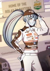 Size: 1240x1754 | Tagged: safe, artist:amazingpuffhair, imported from derpibooru, sonata dusk, human, equestria girls, baseball cap, cap, commission, daytona 500, female, hat, logo, motorsport, nascar, racing suit, solo