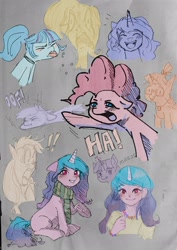 Size: 1450x2048 | Tagged: safe, artist:amazingpuffhair, imported from derpibooru, applejack, fluttershy, izzy moonbow, moondancer, pinkie pie, sonata dusk, twilight sparkle, earth pony, human, pony, unicorn, equestria girls, adorkable, bracelet, clothes, cute, dancerbetes, dork, equestria girls-ified, exclamation point, female, friendship bracelet, friendship necklace, g5, g5 to equestria girls, generation leap, group, ha, izzybetes, jewelry, laughing, magic, mare, necklace, oof, raspberry, scarf, striped scarf, tongue out