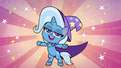 Size: 1920x1080 | Tagged: safe, imported from derpibooru, screencap, trixie, pony, unicorn, my little pony: pony life, bipedal, cape, clothes, female, friendship gems, g4.5, hat, mare, solo, t pose, trixie's cape, trixie's hat