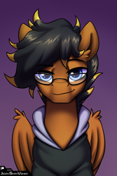 Size: 2000x3000 | Tagged: safe, artist:jedayskayvoker, imported from derpibooru, oc, pegasus, blue eyes, bust, clothes, ear fluff, eyebrows, glasses, gradient background, hoodie, icon, looking at you, male, oc name needed, pegasus oc, portrait, raised eyebrow, solo, stallion