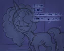 Size: 730x583 | Tagged: safe, anonymous artist, imported from derpibooru, pony, unicorn, series:misty pov, cornrows, curly mane, dialogue, ears back, emaciated, female, floppy ears, g5, jewelry, limited palette, lip bite, looking away, looking down, malnourished, mare, misty brightdawn, necklace, sad, shaking, skinny, solo