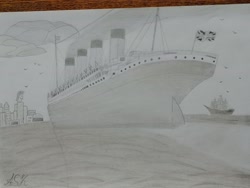 Size: 3000x4000 | Tagged: safe, imported from derpibooru, bird, seagull, manhattan, monochrome, ocean, pencil drawing, ship, traditional art, water