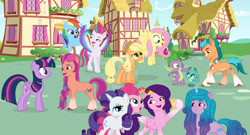 Size: 1024x553 | Tagged: safe, artist:velveagicsentryyt, imported from derpibooru, applejack, fluttershy, hitch trailblazer, izzy moonbow, pinkie pie, pipp petals, rainbow dash, rarity, spike, sunny starscout, twilight sparkle, zipp storm, alicorn, dragon, earth pony, pegasus, pony, unicorn, baby, baby dragon, blaze (coat marking), cellphone, coat markings, cowboy hat, deviantart watermark, diadem, facial markings, female, folded wings, g4, g5, g5 to g4, generation leap, group, hat, hitch and his 2nd heroine, hitch and his heroine, izzy and her heroine, male, mane five (g5), mane six, mare, obtrusive watermark, phone, pipp and her heroine, ponyville, quadrupedal, raised hoof, sash, sheriff's badge, smartphone, socks (coat markings), sparky and his hero, sparky sparkeroni, spread wings, stallion, sunny and her heroine, twilight sparkle (alicorn), unshorn fetlocks, watermark, wings, zipp and her heroine