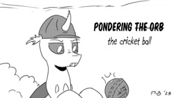 Size: 1200x675 | Tagged: safe, artist:pony-berserker, imported from derpibooru, oc, oc:berzie, changedling, changeling, changedling oc, changeling hive, changeling oc, clothes, cricket ball, hard hat, hat, meme, pondering, pondering my orb, pony-berserker's twitter sketches, pony-berserker's twitter sketches (2023)