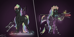 Size: 7000x3500 | Tagged: safe, artist:stardustspix, imported from derpibooru, oc, oc:kaleidoscope, crystal pony, pony, armor, black coat, cyan eyes, gem, glowing, glyph, long mane, magic, multicolored hair, rainbow hair, solo, staff, telekinesis