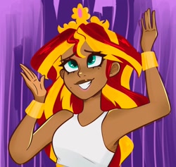 Size: 1234x1172 | Tagged: safe, artist:indigohatetrain, imported from derpibooru, sunset shimmer, human, equestria girls, equestria girls (movie), bare shoulders, clothes, crown, dark skin, dress, fall formal, female, grin, humanized, jewelry, regalia, scene interpretation, shimmerbetes, sleeveless, smiling, solo