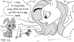 Size: 1200x675 | Tagged: safe, artist:pony-berserker, imported from derpibooru, fluttershy, bird, hummingbird, mouse, rabbit, animal, black and white, grayscale, making it worse, monochrome, pony-berserker's twitter sketches, pony-berserker's twitter sketches (2023), simple background, speech bubble, white background