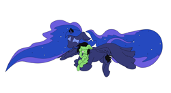 Size: 5508x3008 | Tagged: safe, artist:ponny, imported from derpibooru, princess luna, oc, oc:filly anon, alicorn, earth pony, colored, duo, duo female, female, filly, flying, foal, laughing, mare, simple background, white background