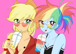 Size: 1183x835 | Tagged: safe, artist:rainn__1026, imported from derpibooru, applejack, rainbow dash, human, equestria girls, bare shoulders, breasts, cleavage, duo, female, pink background, simple background, sleeveless, sunglasses