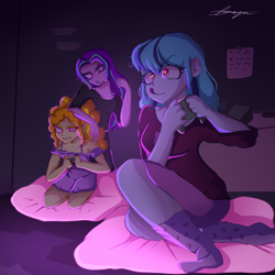 Size: 1500x1500 | Tagged: safe, artist:faawndue, artist:frezzzypop, imported from derpibooru, adagio dazzle, aria blaze, sonata dusk, human, equestria girls, adagio dazzle is not amused, beanbag chair, bedroom, clothes, controller, cute, female, gaming, pajamas, signature, socks, sonatabetes, stocking feet, the dazzlings, tongue out, trio, unamused