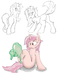 Size: 3161x3999 | Tagged: safe, artist:pzkratzer, imported from derpibooru, oc, oc:cupid, unicorn, butt, ciel, flockmod, looking back, messy, monochrome, plot, raised hoof, sitting, slime