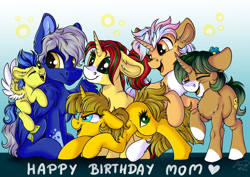 Size: 1920x1358 | Tagged: safe, artist:julunis14, imported from derpibooru, oc, oc only, oc:ayza, pegasus, pony, unicorn, colt, curved horn, family, family photo, female, foal, horn, male, mare, smiling, sneaking, stallion, tooth gap