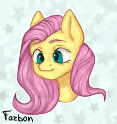 Size: 1854x1960 | Tagged: safe, artist:fazbonz, imported from derpibooru, fluttershy, pegasus, pony, bust, female, mare, portrait, signature, simple background, smiling, solo, white background