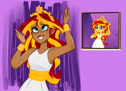 Size: 1952x1415 | Tagged: safe, artist:indigohatetrain, imported from derpibooru, sunset shimmer, human, equestria girls, equestria girls (movie), clothes, crown, dark skin, dress, fall formal, female, grin, humanized, jewelry, regalia, scene interpretation, screencap reference, shimmerbetes, smiling, solo