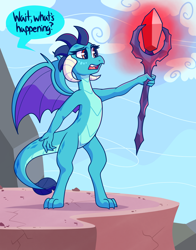 Size: 4000x5100 | Tagged: safe, alternate version, artist:graphenescloset, imported from derpibooru, princess ember, dragon, series:blubberlord ember, bloodstone scepter, dialogue, dragon lord ember, dragoness, female, glowing, incentive drive, sky, solo, this will end in weight gain, weight gain sequence