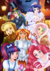 Size: 1000x1414 | Tagged: safe, artist:lord--opal, imported from derpibooru, applejack, fluttershy, pinkie pie, rainbow dash, rarity, sci-twi, sunset shimmer, twilight sparkle, human, fanfic:long road to friendship, equestria girls, cowardly lion, dorothy gale, fanfic art, glinda the good witch, humane five, humane seven, humane six, humanized, oz, the scarecrow, the wizard of oz, tin man