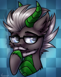 Size: 1827x2333 | Tagged: safe, artist:kruszynka25, imported from derpibooru, oc, dracony, dragon, hybrid, pony, bust, commission, ear fluff, facial hair, glasses, horns, male, portrait, simple background, smiling, thinking