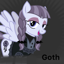 Size: 819x819 | Tagged: safe, imported from derpibooru, inky rose, pegasus, pony, derpibooru, braid, clothes, eyeshadow, female, goth, looking at you, makeup, mare, meta, open mouth, spoiler image, spoilered image joke, spread wings, text, wings