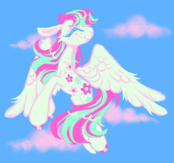 Size: 1280x1201 | Tagged: safe, artist:webkinzworldz, imported from derpibooru, blossomforth, pegasus, pony, cloud, flying, freckles, sky, smiling, solo
