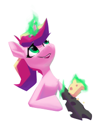 Size: 1242x1597 | Tagged: artist needed, safe, imported from derpibooru, princess cadance, queen chrysalis, cheese, cheese grater, disguise, disguised changeling, drawthread, fake cadance, fangs, female, food, glowing, glowing horn, horn, looking up, magic, simple background, transparent background