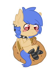 Size: 3000x4000 | Tagged: safe, artist:teacupido_, imported from derpibooru, oc, oc only, oc:lunar saintly, bat pony, pony, bat pony oc, blushing, chibi, choker, clothes, collar, cookie, disguise, disguised changeling, ear fluff, ear piercing, earring, food, freckles, jewelry, piercing, simple background, slit pupils, smiling, socks, spiked choker, spiked collar, striped socks, transparent background, unshorn fetlocks