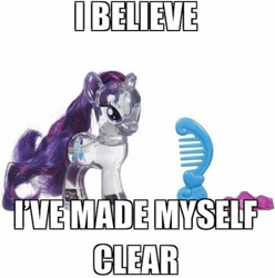 Size: 568x573 | Tagged: safe, imported from derpibooru, rarity, pony, unicorn, brush, clear, female, hairbrush, impact font, joke, mare, meta, pun, reaction image, simple background, solo, toy, transparent flesh, twitter, water cuties, white background