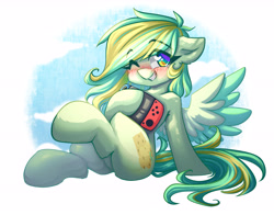 Size: 4592x3596 | Tagged: safe, artist:chaosangeldesu, imported from derpibooru, oc, oc only, pegasus, pony, blushing, colored wings, commission, cute, female, looking at you, mare, nintendo switch, one eye closed, pegasus oc, sitting, smiling, smiling at you, solo, two toned wings, wings, wink