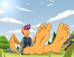 Size: 1397x1080 | Tagged: safe, artist:nudeknightart, imported from derpibooru, scootaloo, anthro, insect, ladybug, pegasus, plantigrade anthro, barefoot, clothes, cloud, feet, fetish, foot fetish, grass, hoodie, leaning back, looking up, relaxing, resting, scooter, sitting, smiling, soles, solo, toes, tree