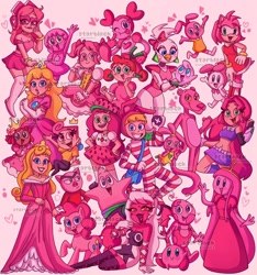 Size: 1916x2048 | Tagged: safe, artist:starblack_20, imported from derpibooru, pinkie pie, oc, alien, anthro, bird, chicken, demon, earth pony, fairy, hedgehog, human, panther, pig, pony, rabbit, robot, starfish, succubus, adventure time, amy rose, anais watterson, animal, animatronic, anime, breasts, chowder, clothes, color collage, cookie run, dc comics, drawn together, dress, five nights at freddy's, gem, gem (race), group, heart, helluva boss, humanoid, kirby, kirby (series), madoka kaname, magical girl, miss heed, my melody, panini (chowder), patrick star, pink, pink background, pink panther, popee the performer, princess bubblegum, princess peach, puella magi madoka magica, puffball, sanrio, simple background, sonic the hedgehog (series), spanky ham, spinel, spinel (steven universe), spongebob squarepants, starfire, steven universe, strawberry shortcake, strawberry shortcake (character), super mario bros., teen titans, the amazing world of gumball, the backyardigans, the fairly oddparents, too much pink energy is dangerous, uniqua, unknown species, verosika mayday, villainous, wanda, watermark