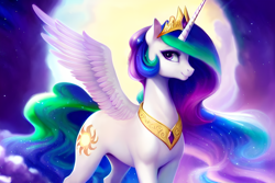 Size: 1920x1280 | Tagged: safe, derpibooru exclusive, editor:dovakkins, imported from derpibooru, princess celestia, alicorn, pony, ai content, ai generated, beautiful, cloud, cloudy, female, full moon, generator:stable diffusion, horn, jewelry, long mane, mare, moon, night, night sky, one wing out, peytral, regalia, sky, smiling, solo, tail, wavy mane, wavy tail, wings