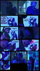 Size: 2160x3840 | Tagged: safe, artist:nightmarezoroark, imported from derpibooru, oc, oc only, oc:lunar eclipse, oc:midnight sparkle, alicorn, anthro, comic:mlp nightmare rises, 3d, 4k, alicorn oc, anthro oc, clothes, dialogue, high res, horn, size difference, slit pupils, source filmmaker, sword, weapon, wings