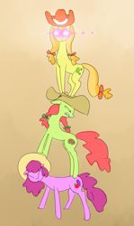 Size: 823x1384 | Tagged: safe, anonymous artist, imported from derpibooru, berry punch, berryshine, jonagold, marmalade jalapeno popette, peachy sweet, pony, over a barrel, apple family member, clothes, cowboy hat, drawthread, glowing, glowing eyes, gradient background, hat, looking at you, pony pile, scene interpretation, tower of pony, trio