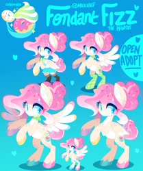 Size: 1621x1940 | Tagged: safe, artist:zombie, imported from derpibooru, oc, oc only, oc:fondant fizz, pegasus, adoptable, clothes, cutie mark, female, folded wings, food, gradient background, hooves, looking at you, neckerchief, pegasus oc, reference sheet, school uniform, socks, solo, spread wings, sprinkles, stockings, thigh highs, wings