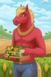 Size: 1280x1922 | Tagged: safe, artist:jenery, imported from derpibooru, big macintosh, anthro, earth pony, horse, belt, carrot, carrying, clothes, cloud, corn, crate, digital art, farm, fence, food, freckles, furry, green pupils, herbivore, hoers, holding, horse collar, jeans, looking at you, male, outdoors, pants, partial nudity, pecs, red body, sky, smiling, solo, topless, tree, vegetables, watermark