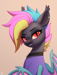 Size: 1000x1300 | Tagged: safe, artist:luminousdazzle, imported from derpibooru, oc, oc only, oc:black opal, bat pony, pony, bat pony oc, bust, choker, clothes, ear piercing, eyeshadow, fangs, female, looking at you, makeup, mare, piercing, red eyes, shirt, short hair, simple background, slit pupils, smiling, solo
