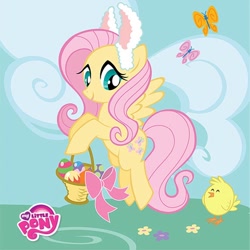 Size: 960x960 | Tagged: safe, imported from derpibooru, fluttershy, bird, butterfly, pegasus, pony, basket, bunny ears, cloud, curly hair, cute, easter basket, my little pony logo