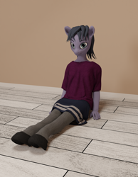 Size: 2520x3240 | Tagged: safe, artist:cicada bluemoon, imported from derpibooru, oc, oc only, oc:cicada bluemoon, anthro, 3d, anthro oc, clothes, crossdressing, femboy, looking at you, male, room, shirt, sitting, skirt, socks, solo, stockings, t-shirt, thigh highs
