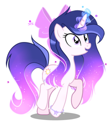 Size: 2165x2412 | Tagged: safe, artist:harmonyvitality-yt, imported from derpibooru, oc, oc only, oc:harmony vitality, pony, unicorn, base used, bow, ethereal mane, eyelashes, glowing, glowing horn, hair bow, horn, offspring, parent:flash sentry, parent:twilight sparkle, parents:flashlight, simple background, solo, starry mane, transparent background, unicorn oc