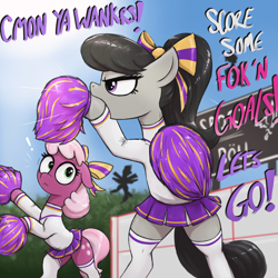 Size: 3000x3000 | Tagged: safe, artist:t72b, imported from derpibooru, cheerilee, octavia melody, earth pony, pony, art pack:cheerleader art pack, bipedal, bow, britavia, british, cheerileeder, cheerleader, cheerleader outfit, clothes, duo focus, female, floppy ears, frown, hair bow, mare, meme, octchavia, pom pom, skirt, socks, sports, vulgar, yelling